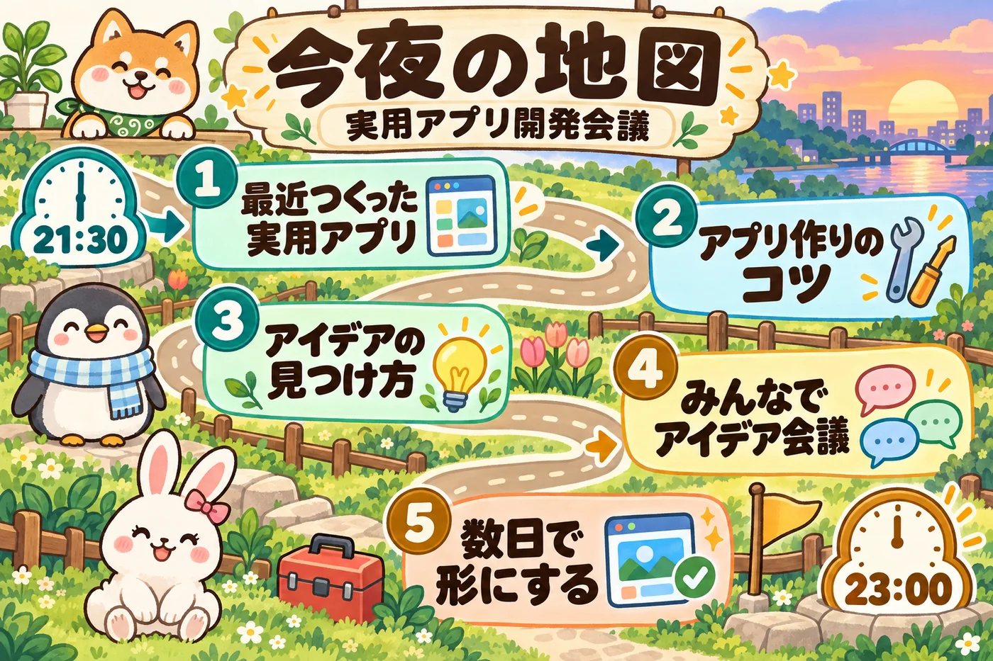 今夜の地図：1 最近つくった実用アプリ 2 アプリ作りのコツ 3 アイデアの見つけ方 4 みんなでアイデア会議 5 数日で形にする（21:30〜23:00）